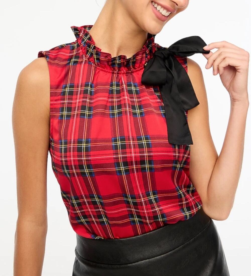 J.Crew Tartan Plaid Top M NWT Holiday Ruffleneck Bow Back Blouse BV609